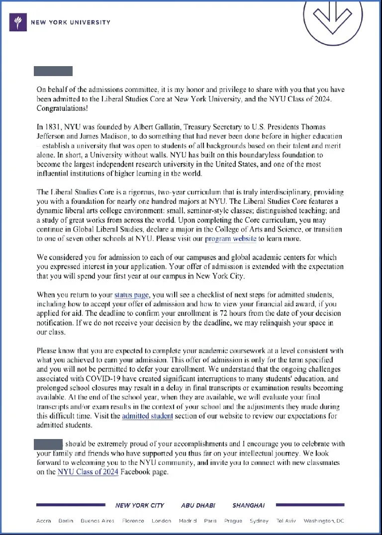 纽约大学 Liberal Studies Core 录取通知