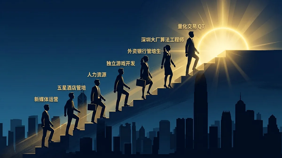 七个不同职业的港校毕业生剪影，站在收入阶梯的不同高度