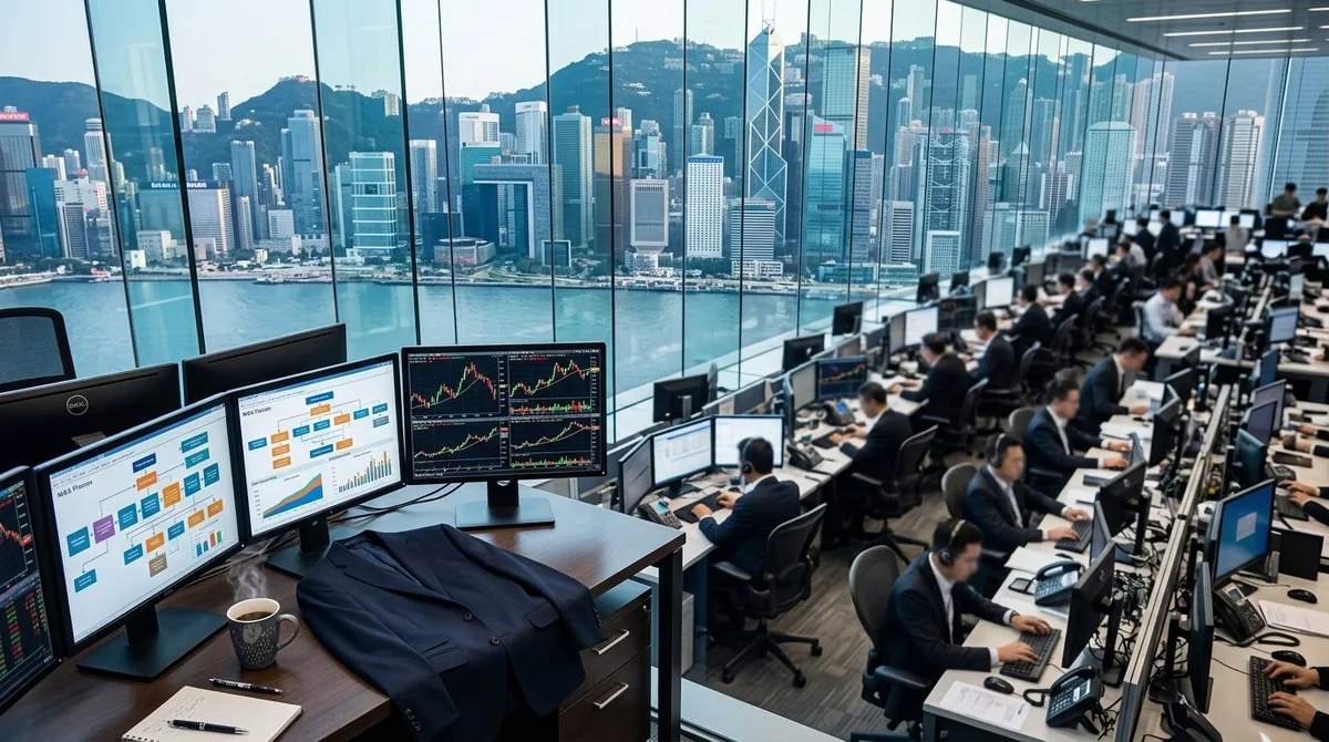 香港投行交易楼层，落地窗外是中环与维港，桌面屏幕上显示并购流程图与K线